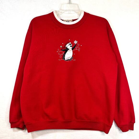 VTG Top Stitch Morning Sun Large Red Collared Sweater Holiday Christmas Penguin - Picture 1 of 11